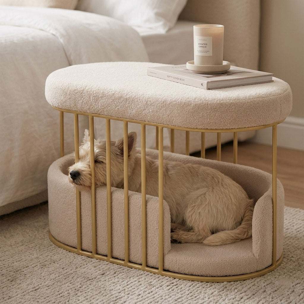 Small terrier dog sleeping in the Velura Pet Haven next to a bed, with a candle and book on top