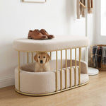 Golden retriever puppy in the Velura Pet Haven pet bed in an entryway, with shoes on the ottoman top