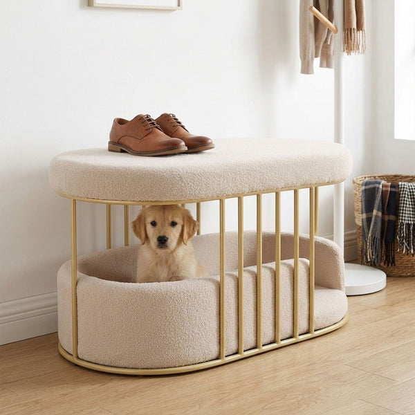 Golden retriever puppy in the Velura Pet Haven pet bed in an entryway, with shoes on the ottoman top