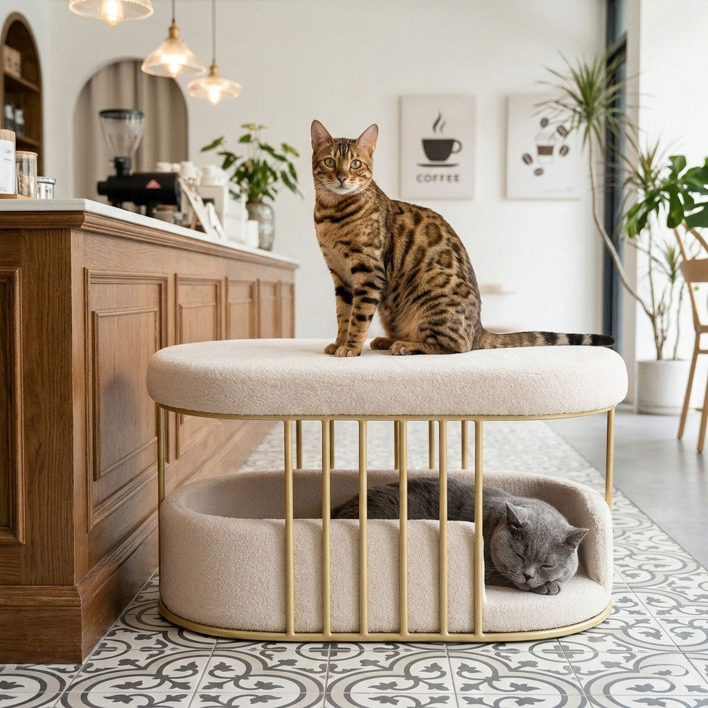 Bengal cat sitting on top of the Velura Pet Haven ottoman while a grey cat sleeps in the bed below